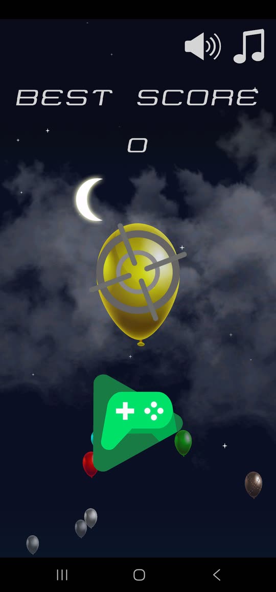 The Fight Balloons menu on a moonlit night sky, the target balloon in the middle and the best score above it