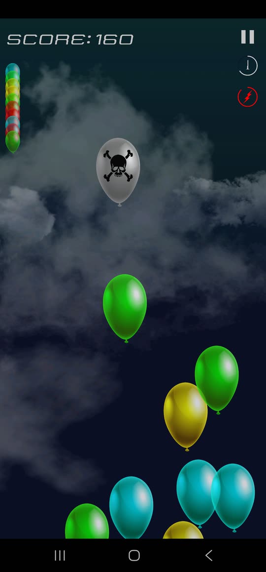 A run at night with a score of 160, a grey skull balloon rising through the cloud and the remaining-balloon stack down the left edge