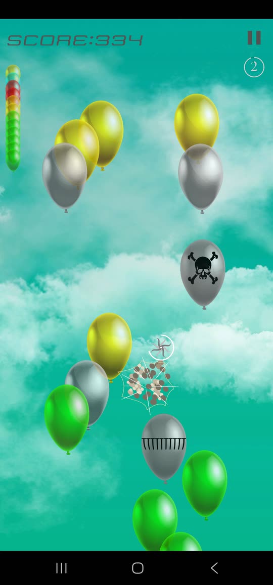 A balloon bursting into a scatter of nails over a teal sky, with a skull balloon and a spiked balloon still climbing