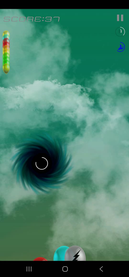 A black hole turning in the middle of a green sky, dragging the balloons below it off their course