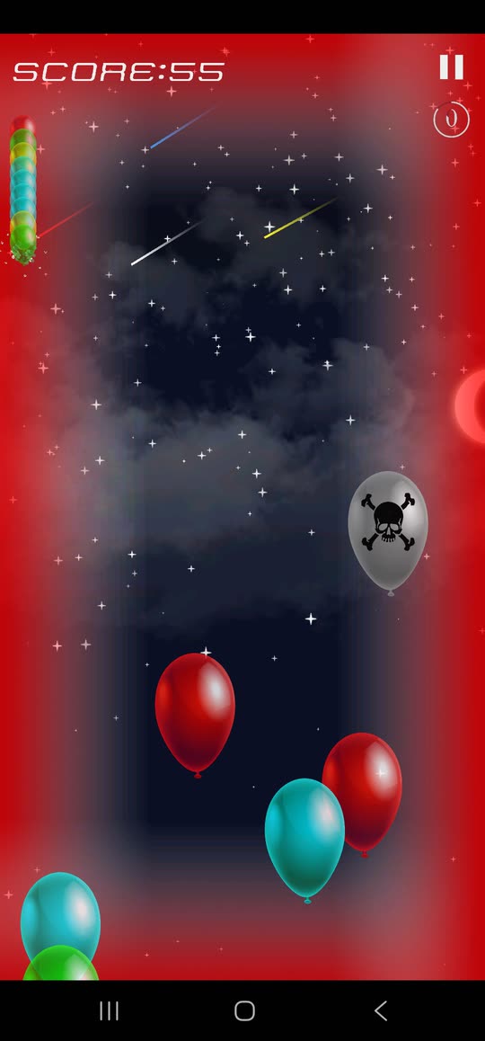 The screen edges glowing red in warning, meteors crossing a starfield and a skull balloon drifting in from the right