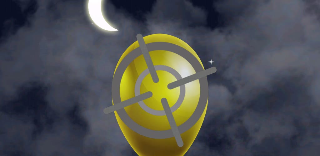 Fight Balloons key art: a yellow balloon caught in a targeting reticle against a moonlit night sky full of cloud